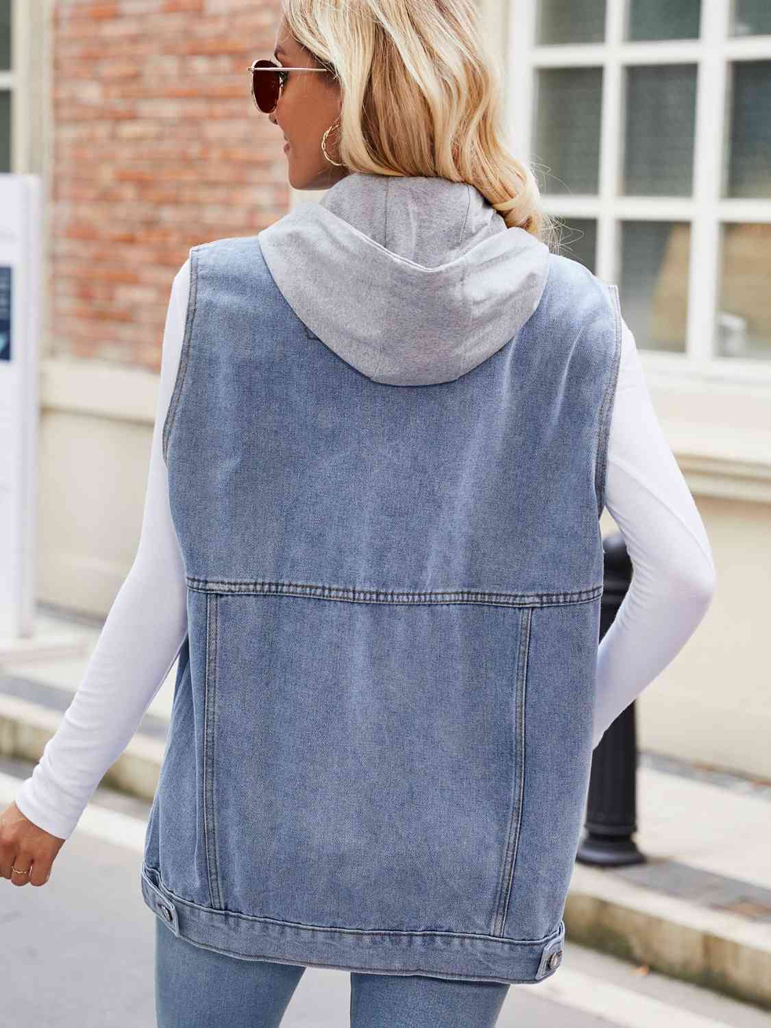 Drawstring Hooded Sleeveless Denim Jacket - Flyclothing LLC