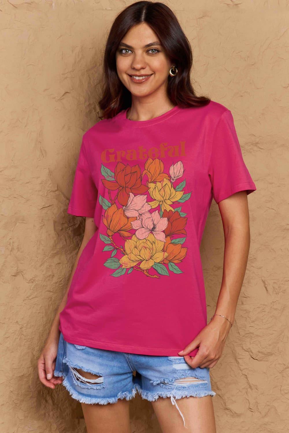 Simply Love Full Size GRATEFUL Flower Graphic Cotton T-Shirt - Trendsi