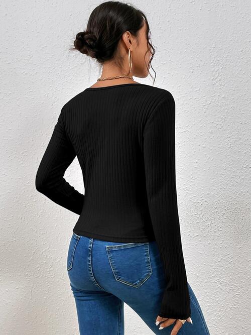 Ribbed Crisscross V-Neck Long Sleeve Knit Top - Flyclothing LLC