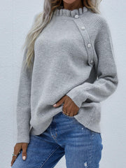 Button Detail Frill Neck Rib-Knit Sweater - Trendsi