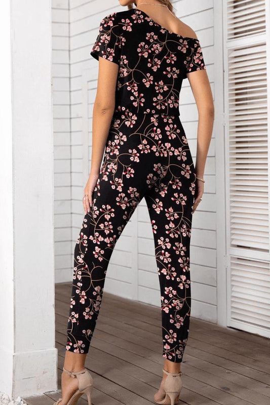 Asymmetrical Neck Short Sleeve Jumpsuit - Trendsi