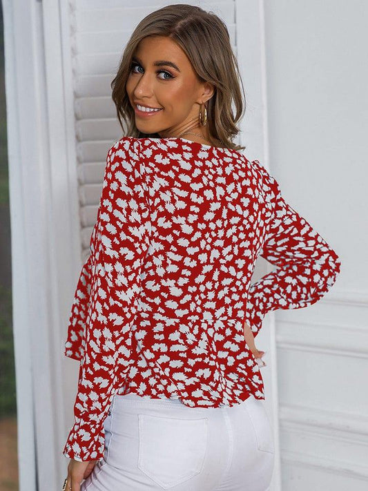 Printed V-Neck Flounce Sleeve Blouse - Flyclothing LLC