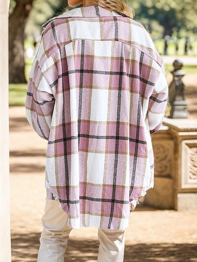 Plaid Button Up Dropped Shoulder Shacket - Flyclothing LLC