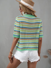 Striped Openwork Half Sleeve Knit Top - Flyclothing LLC