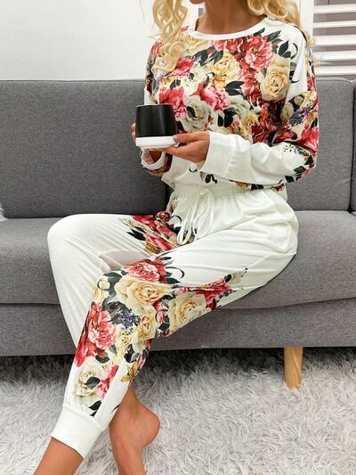 Printed Round Neck Top and Drawstring Pants Lounge Set - Flyclothing LLC