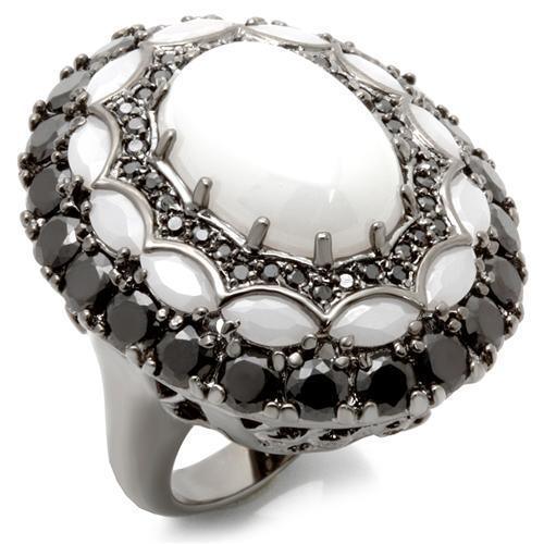 Alamode Ruthenium Brass Ring with Milky CZ in White - Alamode