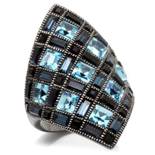 Alamode Ruthenium Brass Ring with Top Grade Crystal in Sea Blue - Alamode