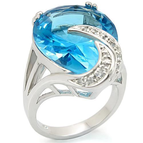 Alamode Rhodium Brass Ring with Synthetic Synthetic Glass in Sea Blue - Alamode