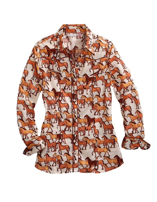 Tin Haul WOMENS LONG SLEEVE SNAP COURSES OF HORSES PRINT WESTERN SHIRT