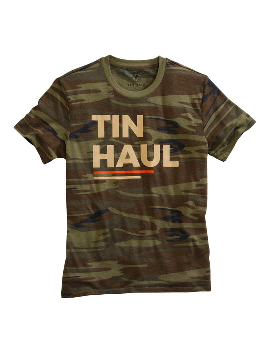 Tin Haul MENS TIN HAUL BLOCK LETTERS SCREEN PRINT CAMO GREEN SHORT SLEEVE T-SHIRT