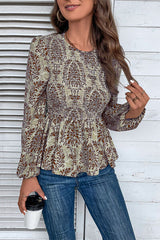 Smocked Printed Balloon Sleeve Blouse - Flyclothing LLC