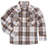 Boy's Ely Cattleman Long Sleeve Textured Plaid Western Snap Shirt- Blue & Brown - Flyclothing LLC