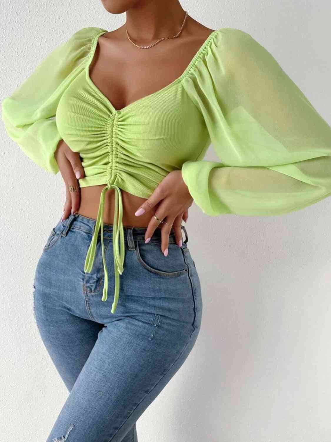 Drawstring Sweetheart Neck Cropped Top - Flyclothing LLC