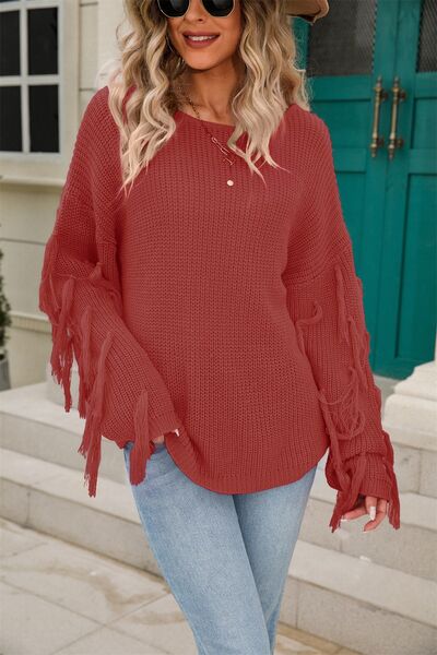 Fringe Round Neck Dropped Shoulder Sweater - Flyclothing LLC