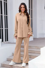 Drawstring Flounce Sleeve Shirt and Pants Set - Flyclothing LLC