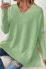 Slit V-Neck Dropped Shoulder Sweater - Flyclothing LLC