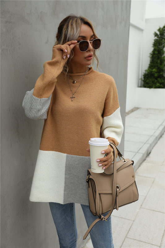 Color Block Round Neck Dropped Shoulder Sweater - Trendsi