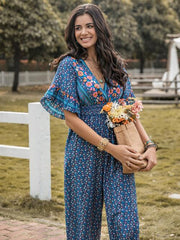 Floral Surplice Flutter Sleeve Jumpsuit - Flyclothing LLC