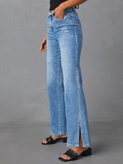 Slit Buttoned Jeans with Pockets - Flyclothing LLC