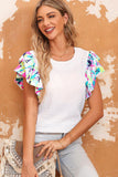 Multicolored Flutter Sleeve Round Neck Blouse - Flyclothing LLC