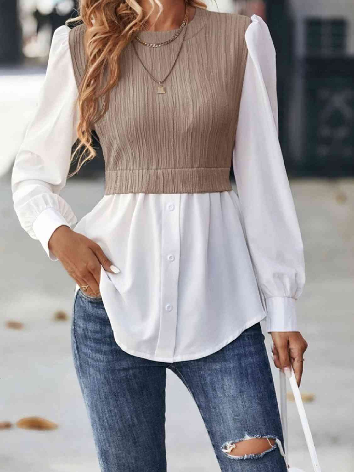 Contrast Round Neck Puff Sleeve Blouse - Flyclothing LLC