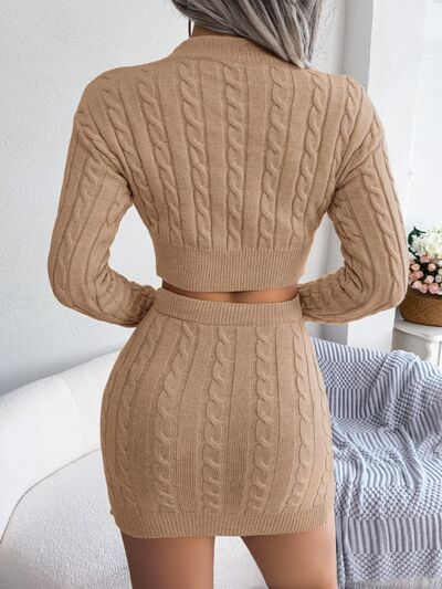 Cable-Knit Round Neck Top and Skirt Sweater Set - Flyclothing LLC