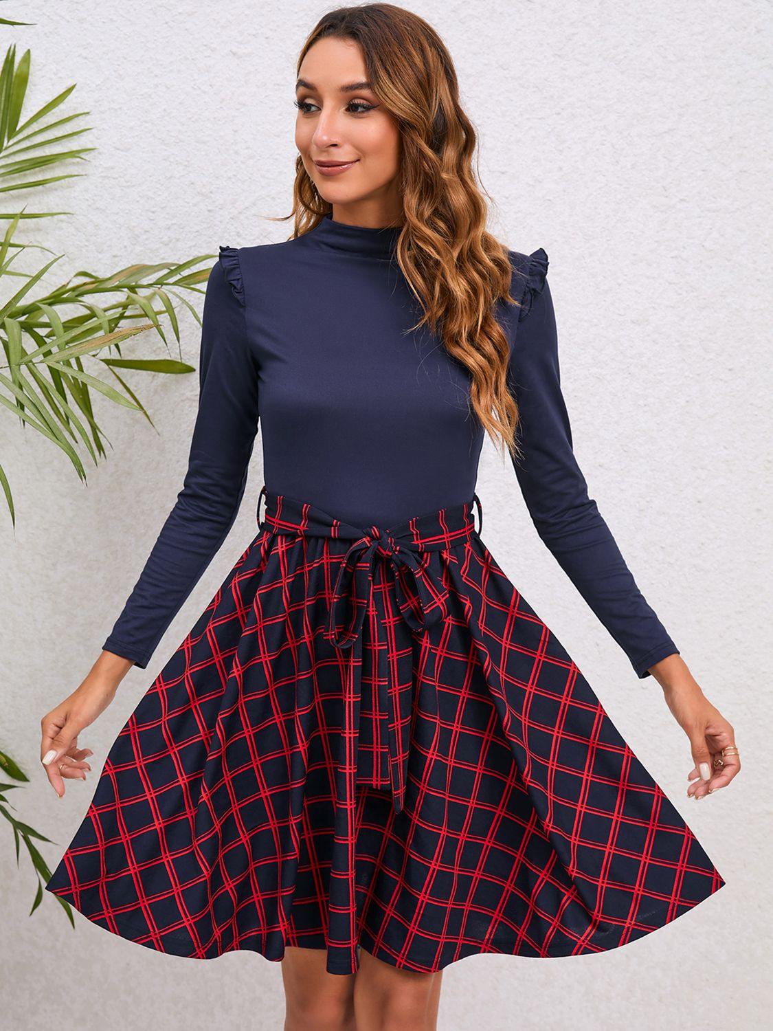 Plaid Tie Waist Ruffle Shoulder Dress - Flyclothing LLC