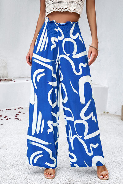 Smocked Printed Wide Leg Pants with Pockets - Flyclothing LLC