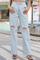 Distressed Straight Leg Jeans with Pockets - Flyclothing LLC