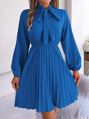 Tie Neck Balloon Sleeve Pleated Dress - Flyclothing LLC