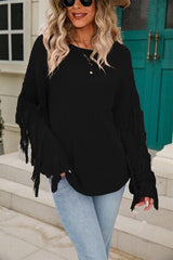 Fringe Round Neck Dropped Shoulder Sweater - Flyclothing LLC