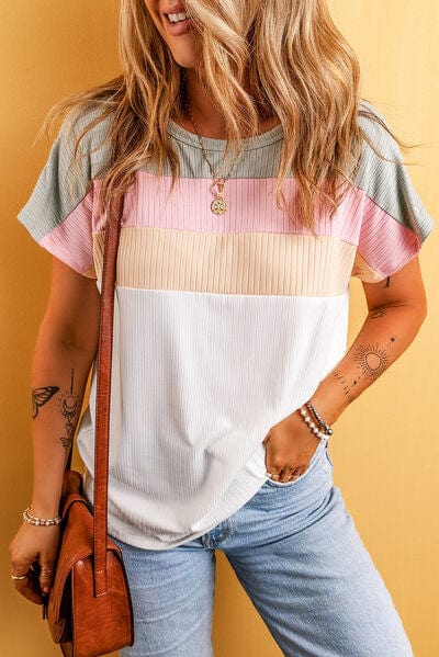 Color Block Round Neck Short Sleeve T-Shirt - Trendsi