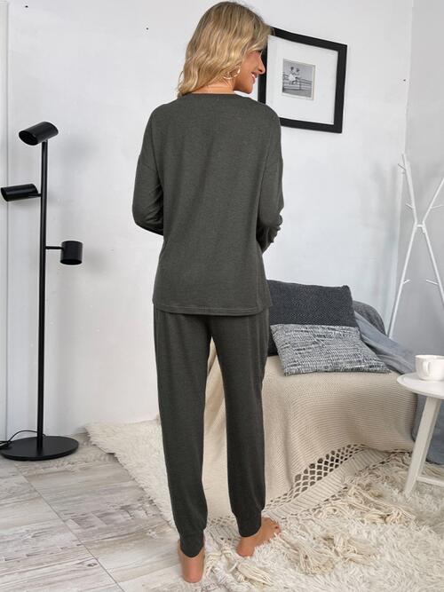 Round Neck Top and Drawstring Pants Lounge Set - Flyclothing LLC