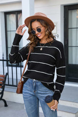 Striped Round Neck Long Sleeve Sweater - Flyclothing LLC