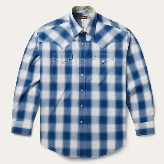 Stetson Navy Gold Ombre Plaid Western Shirt