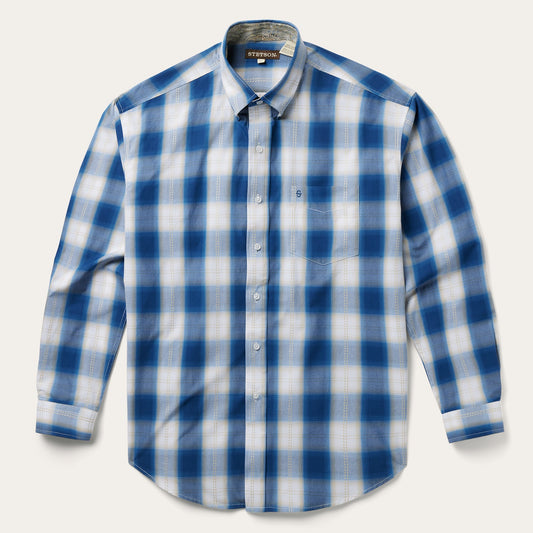 Stetson Navy Gold Ombre Plaid Short Sleeve Western Shirt