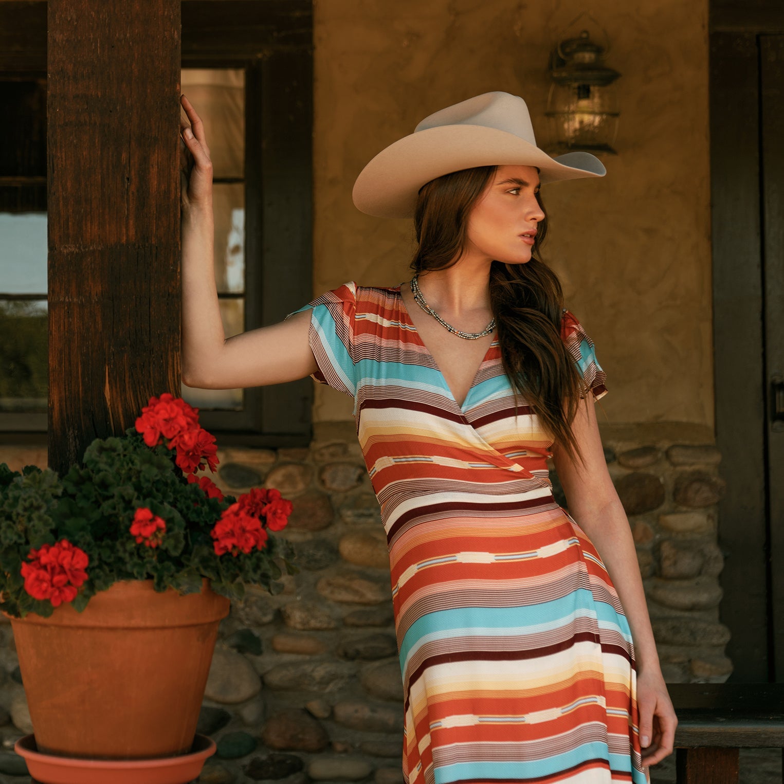 Stetson Sunset Serape Print Rayon Herringbone Wrap Front Dress