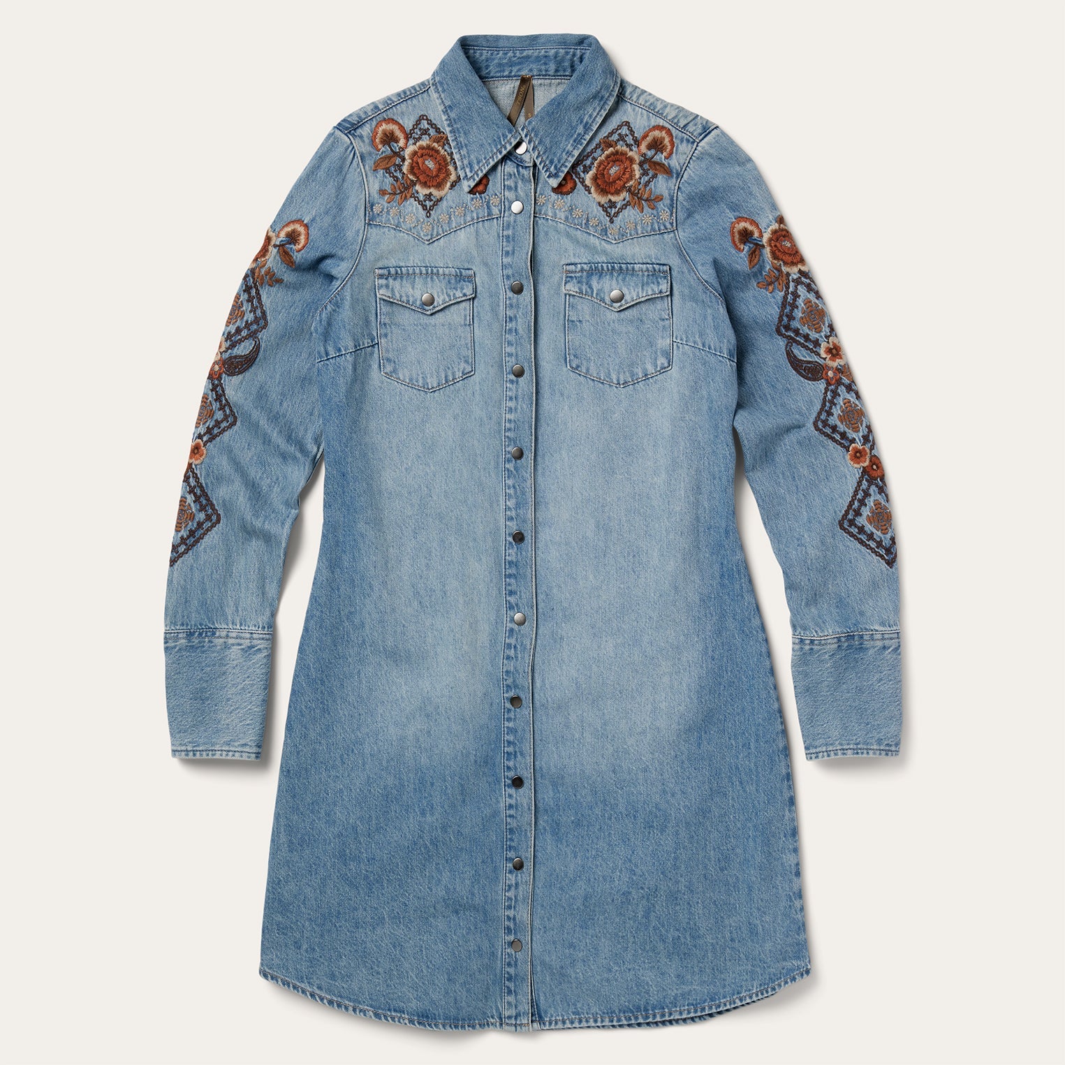 Stetson Floral Embroidered Denim Shirt Dress