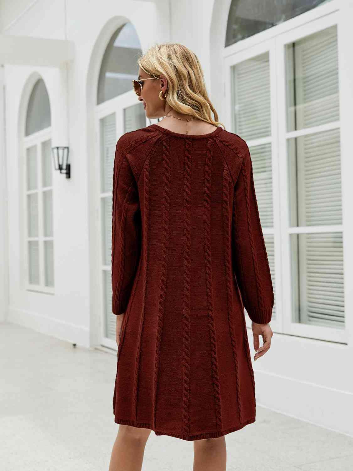 Cable-Knit Long Sleeve Sweater Dress - Flyclothing LLC