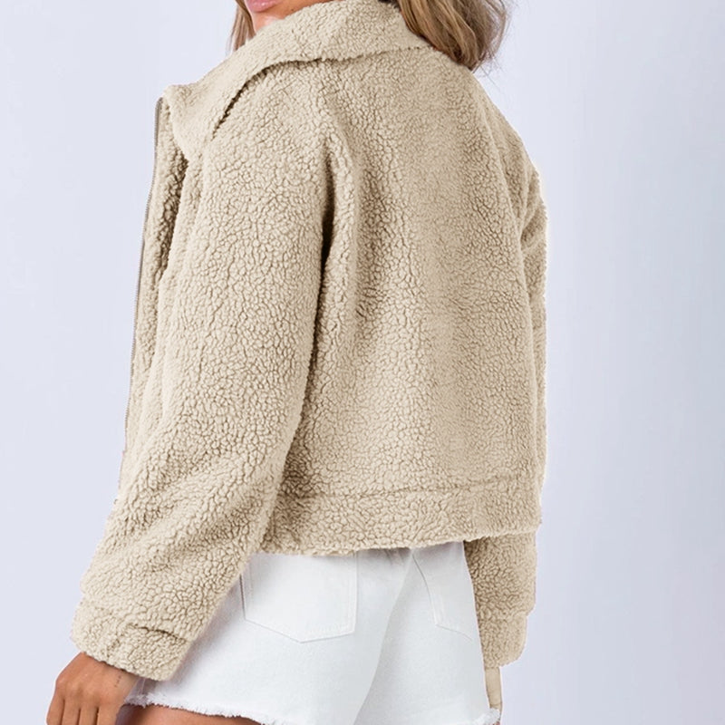 Long Sleeve Collared Neck Sherpa Jacket - Flyclothing LLC