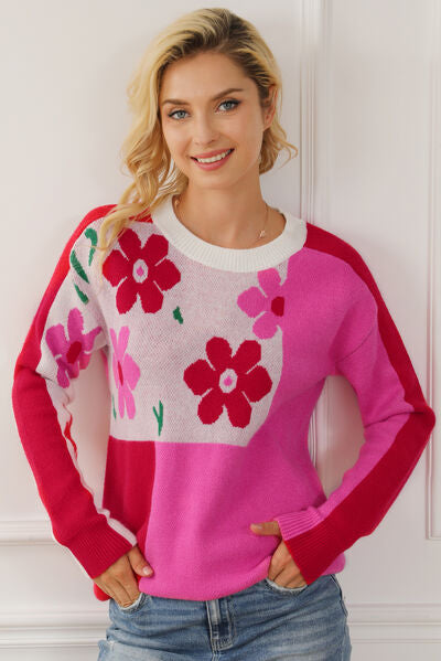 Floral Round Neck Dropped Shoulder Sweater - Flyclothing LLC