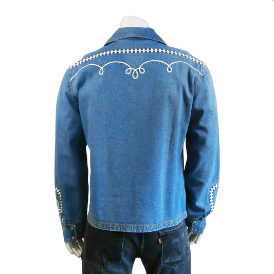 Rockmount Clothing Men's Vintage Western Denim Bolero Jacket with White Rope Embroidery - Flyclothing LLC