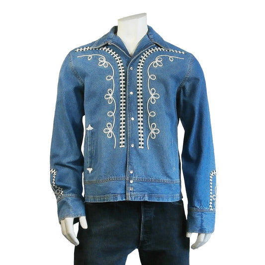 Rockmount Clothing Men's Vintage Western Denim Bolero Jacket with White Rope Embroidery