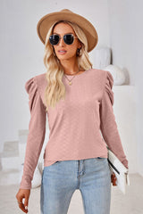 Round Neck Puff Sleeve Blouse - Flyclothing LLC