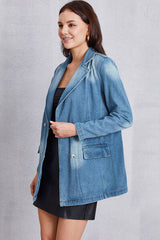 Lapel Collar Washed Denim Top - Flyclothing LLC