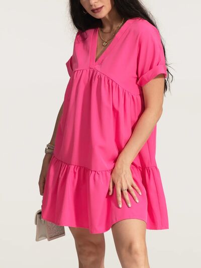 V-Neck Short Sleeve Ruffle Hem Dress - Flyclothing LLC