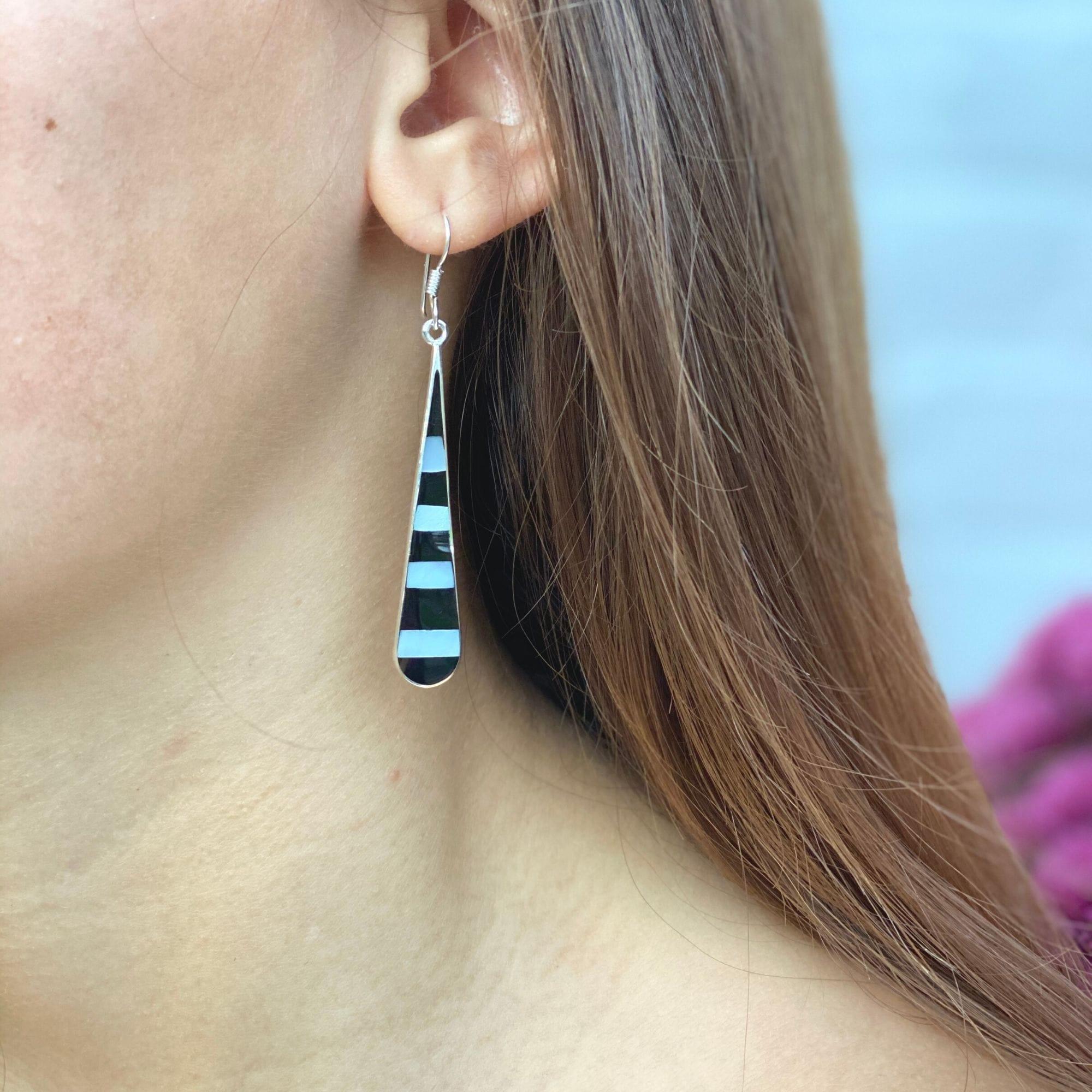 Taxco Silver Black Onyz & Abalone Zebra Long Teardrop Earrings - Flyclothing LLC