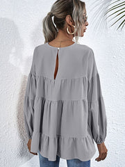 Round Neck Dropped Shoulder Tiered Blouse - Flyclothing LLC