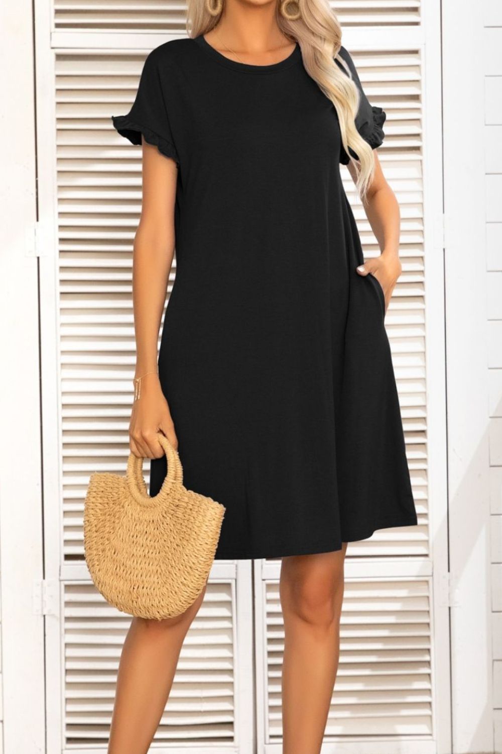 Flounce Sleeve Round Neck Dress with Pockets - Flyclothing LLC