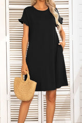 Flounce Sleeve Round Neck Dress with Pockets - Flyclothing LLC